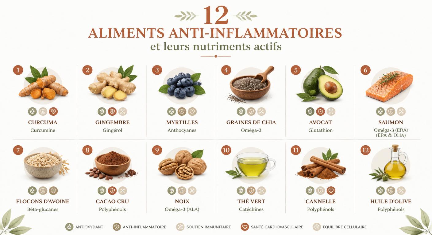 Infographie des 12 aliments anti-inflammatoires puissants à privilégier au petit déjeuner