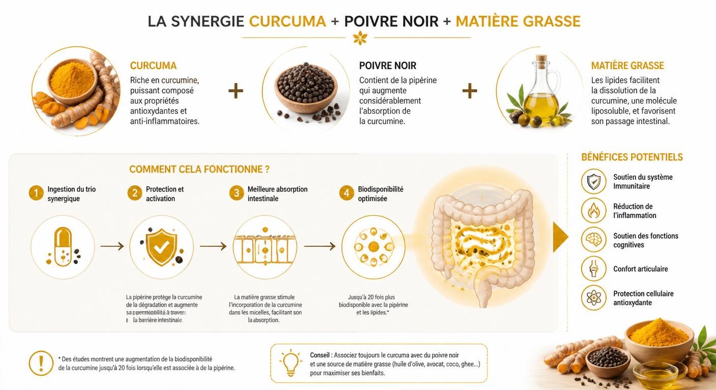 Infographie de la synergie curcuma poivre noir matière grasse