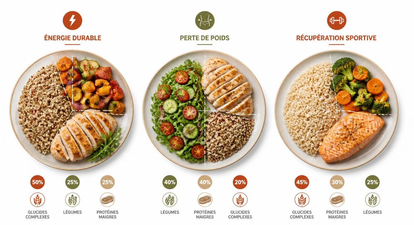 Infographie de trois assiettes de petit déjeuner anti-inflammatoire par objectif
