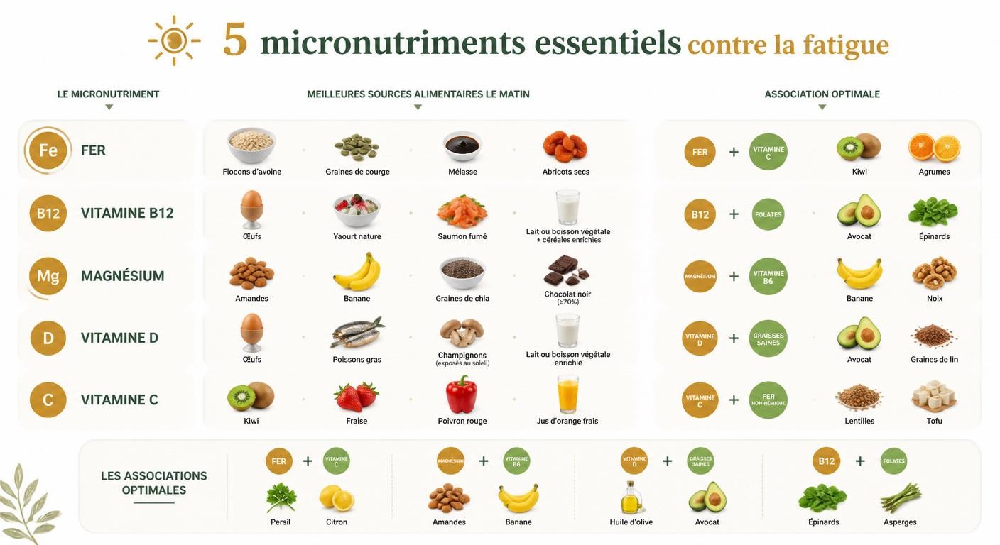 Infographie des micronutriments anti-fatigue à privilégier au petit déjeuner