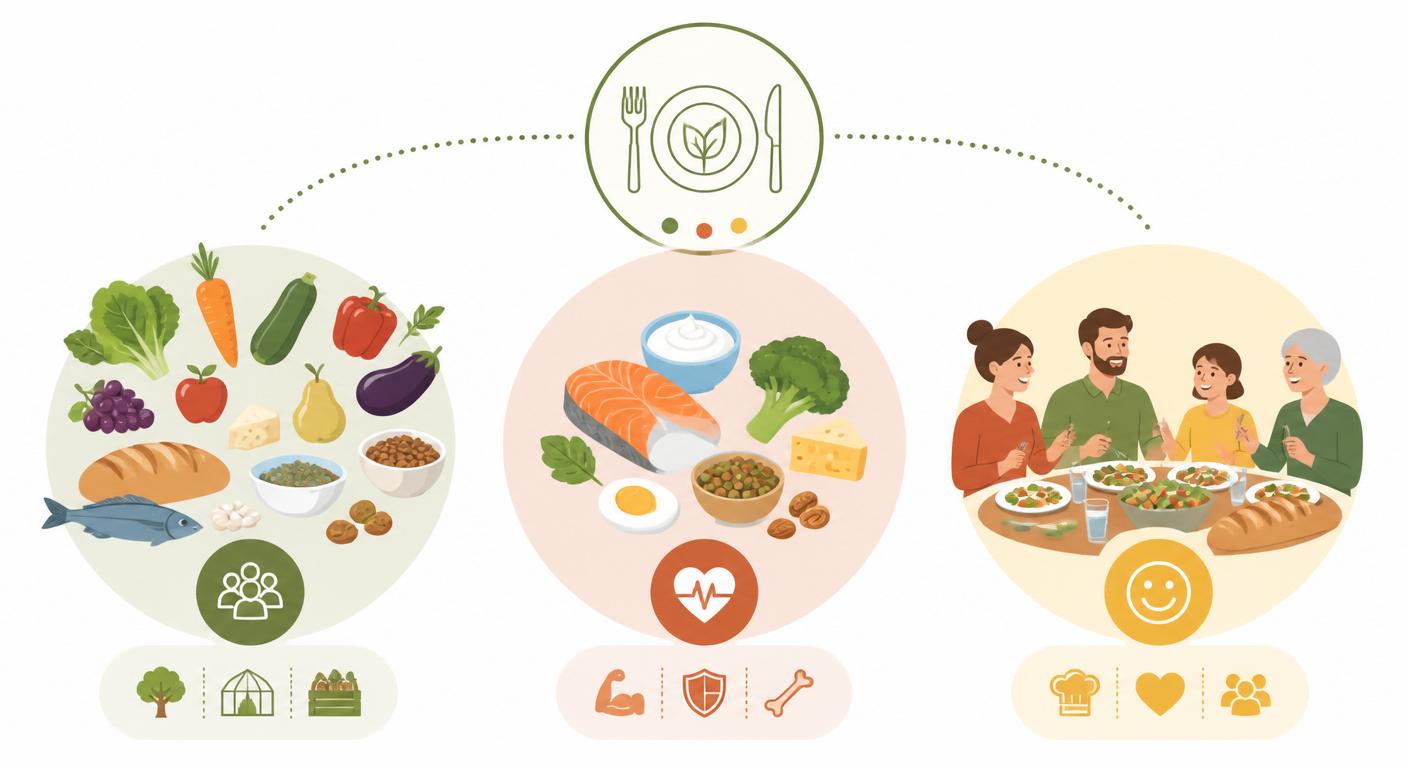 Infographie des trois marqueurs d'une alimentation équilibrée durable