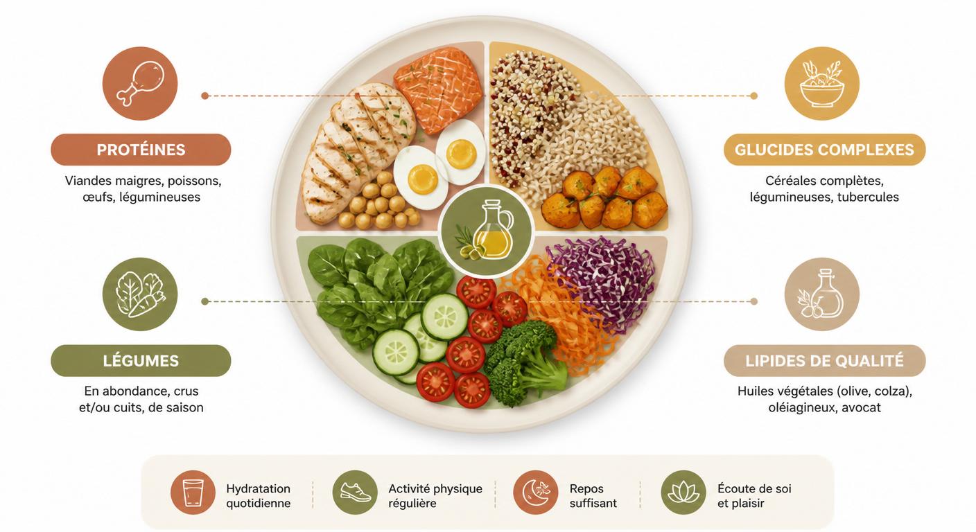 Infographie de l'assiette équilibrée par piliers nutritionnels