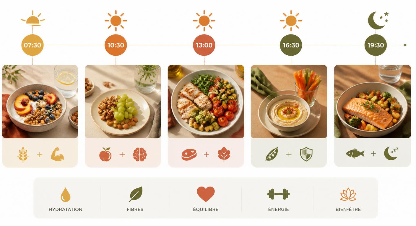 Infographie d'une journée d'alimentation équilibrée heure par heure