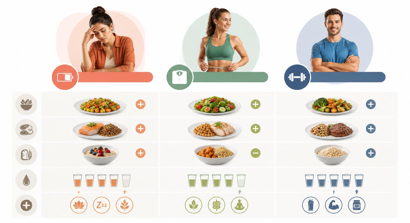 Infographie de trois profils et leurs ajustements d'alimentation équilibrée