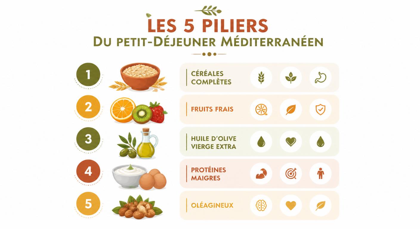 Infographie des 5 piliers du petit-déjeuner méditerranéen
