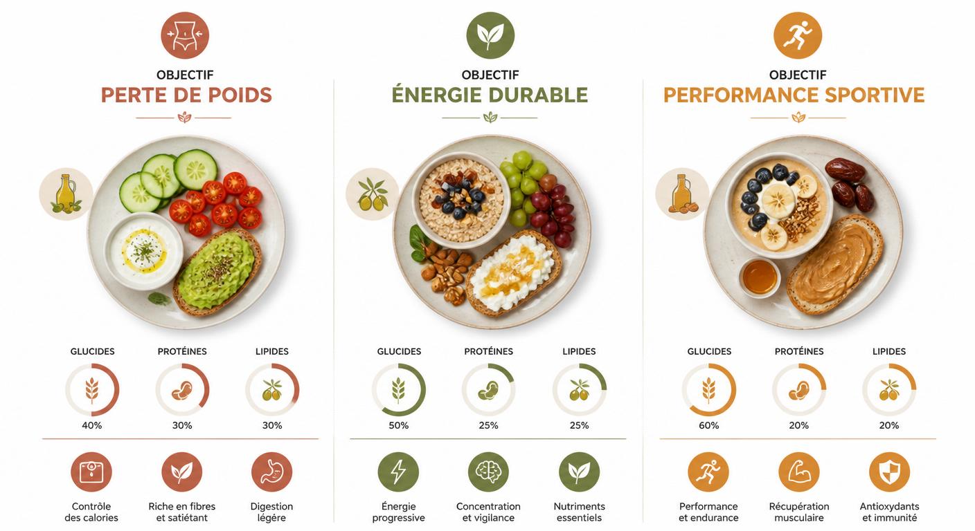 Infographie 3 versions du petit-déjeuner méditerranéen par objectif