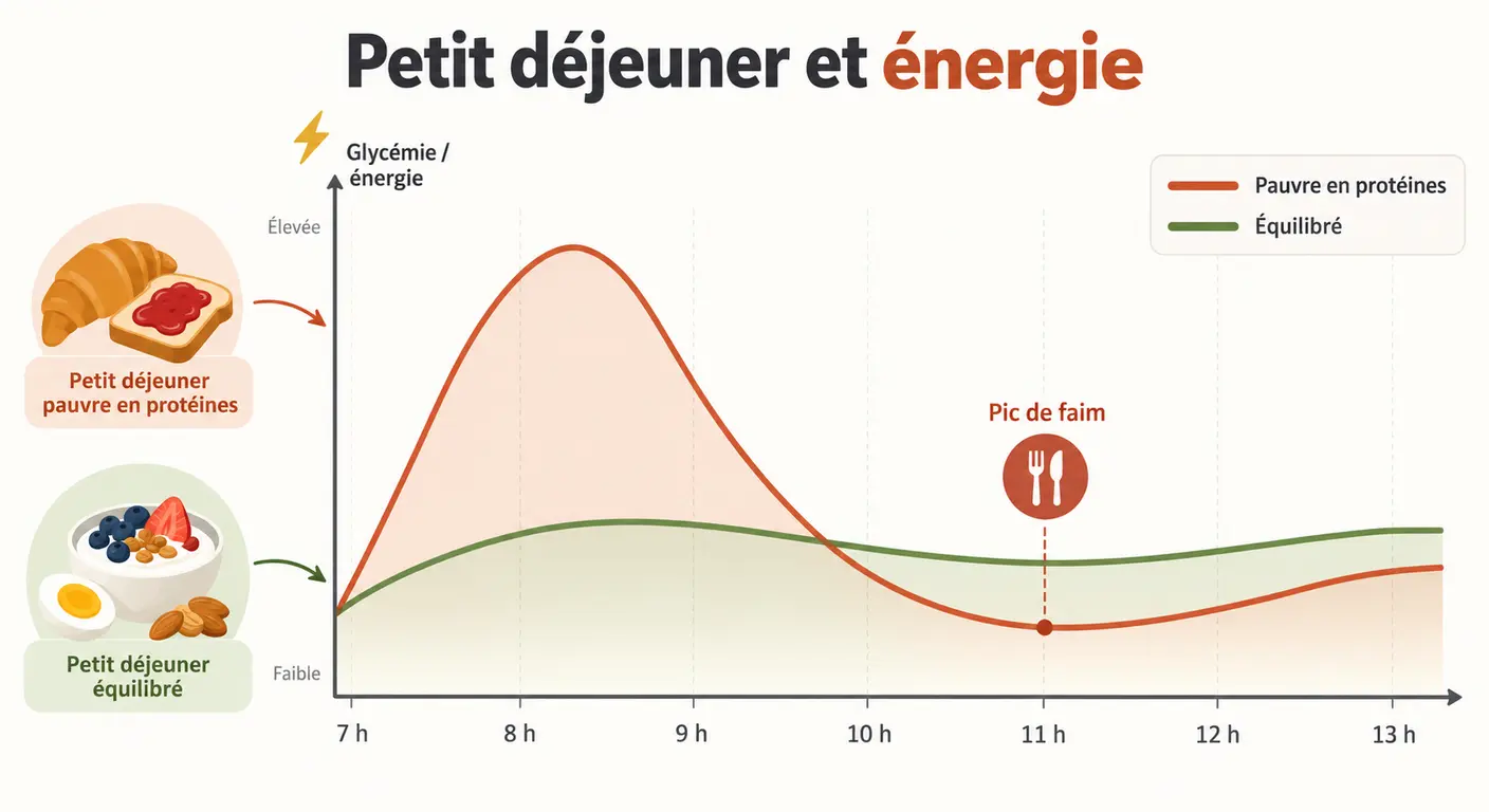 Comparaison de la courbe de satiété entre un petit déjeuner déséquilibré et un petit déjeuner équilibré au cours de la matinée