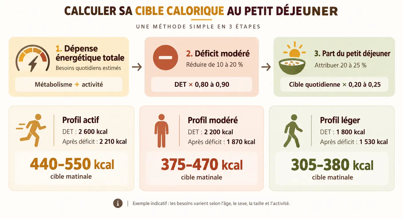 Méthode en trois étapes pour calculer sa cible calorique au petit déjeuner, avec trois profils exemples