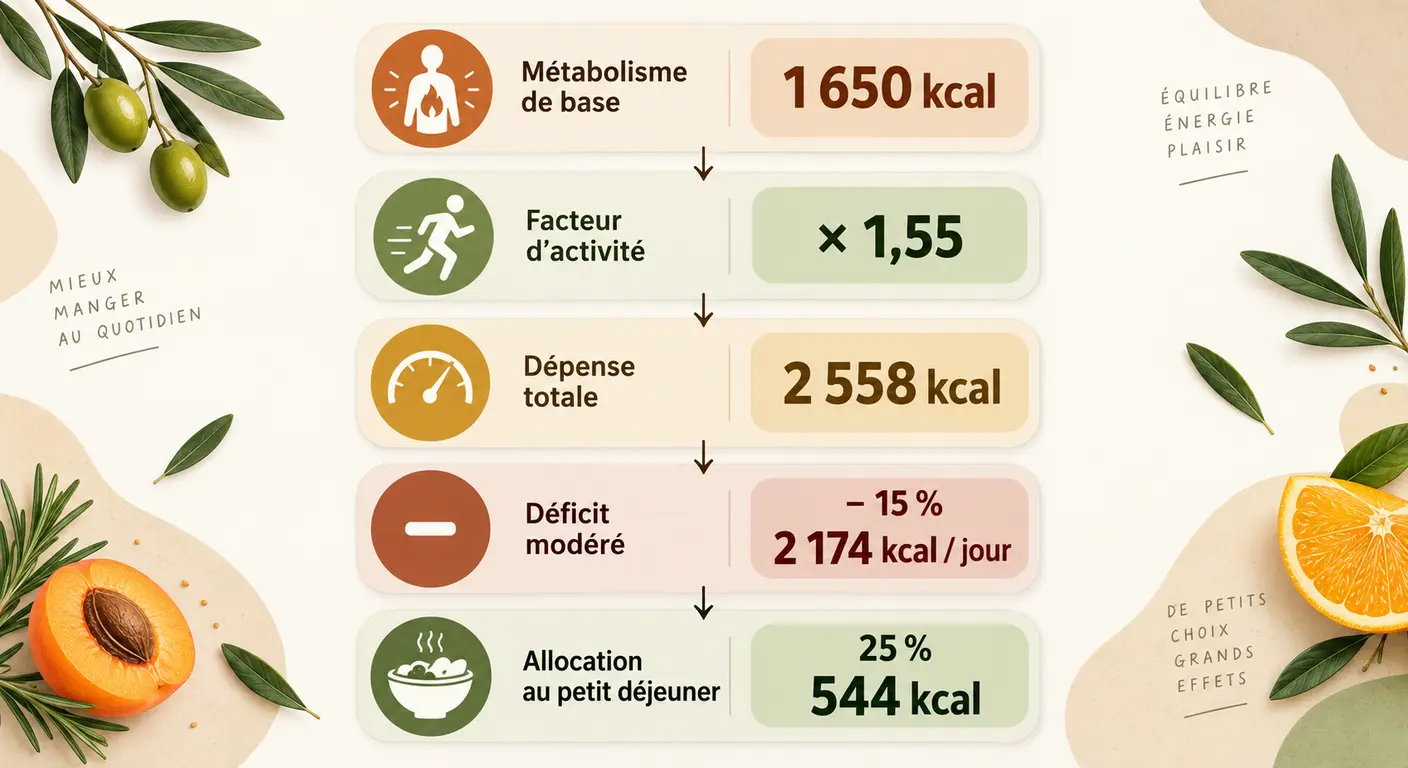 Déroulé du calcul de la cible calorique du petit déjeuner pour un profil exemple