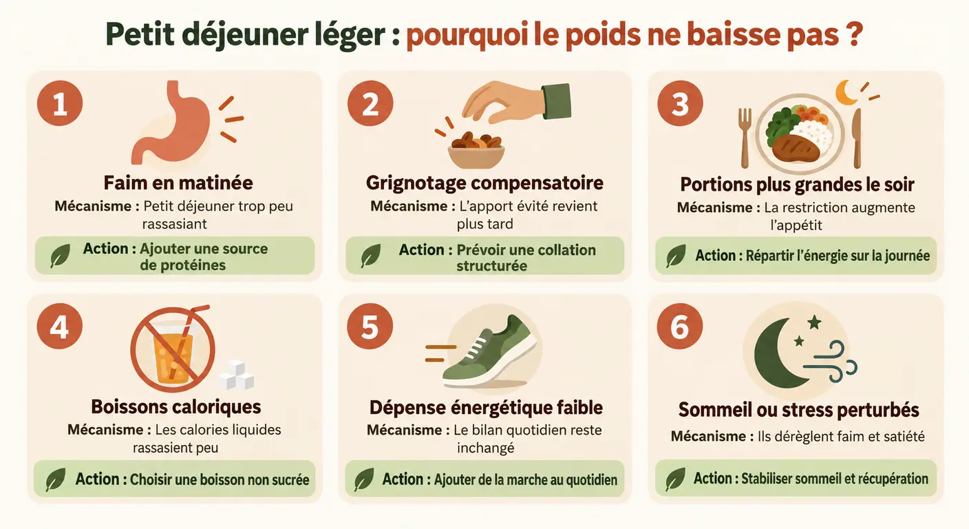 Les six causes de stagnation malgré un petit déjeuner léger, avec leur mécanisme et leur correction