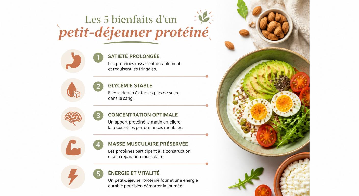 Infographie présentant les cinq bénéfices d'un petit-déjeuner riche en protéines