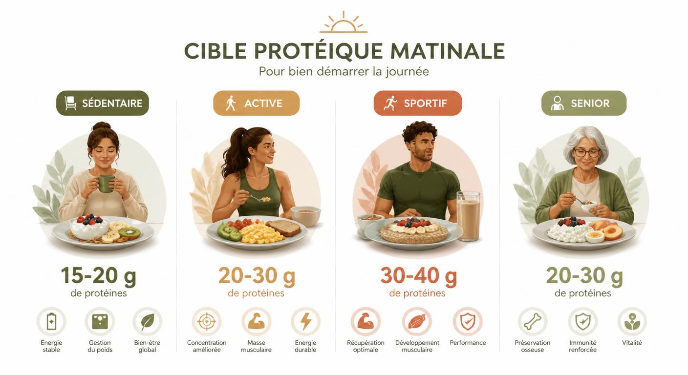 Infographie comparant les besoins protéiques matinaux selon quatre profils