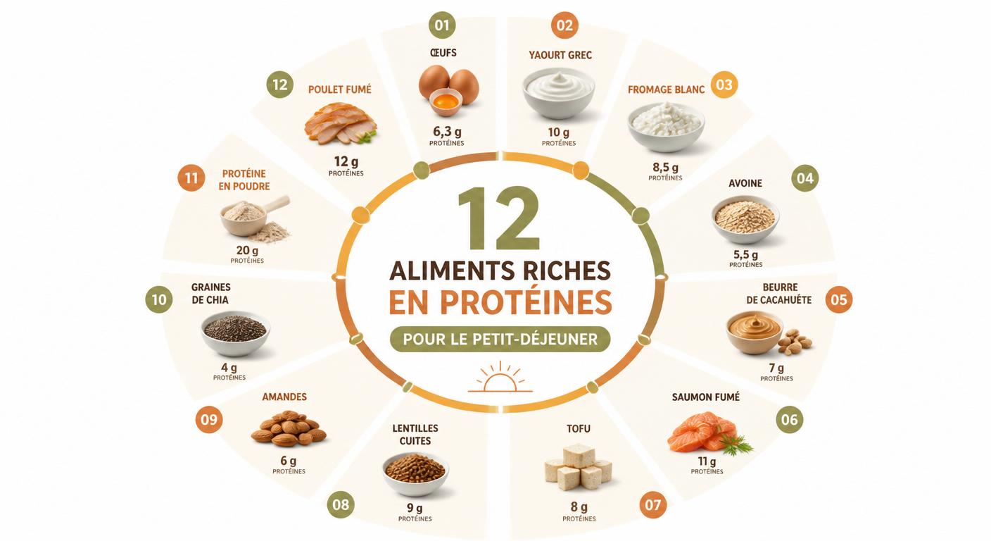 Infographie classant les douze meilleurs aliments protéinés à consommer le matin