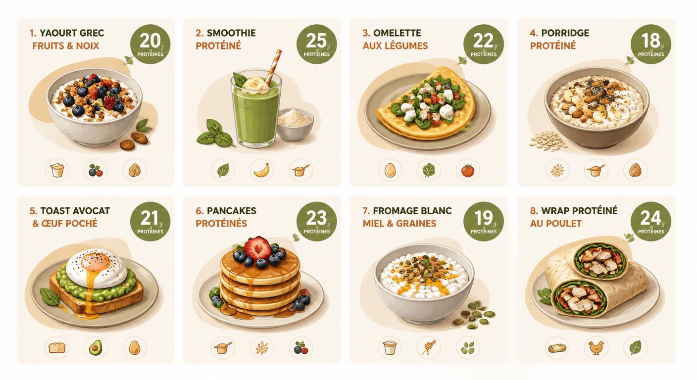 Infographie présentant huit recettes de petit-déjeuner protéiné avec leurs valeurs nutritionnelles