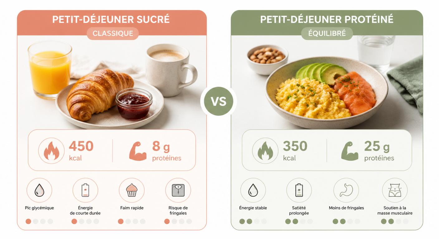 Infographie comparant un petit-déjeuner sucré classique à un petit-déjeuner protéiné équilibré pour la perte de poids