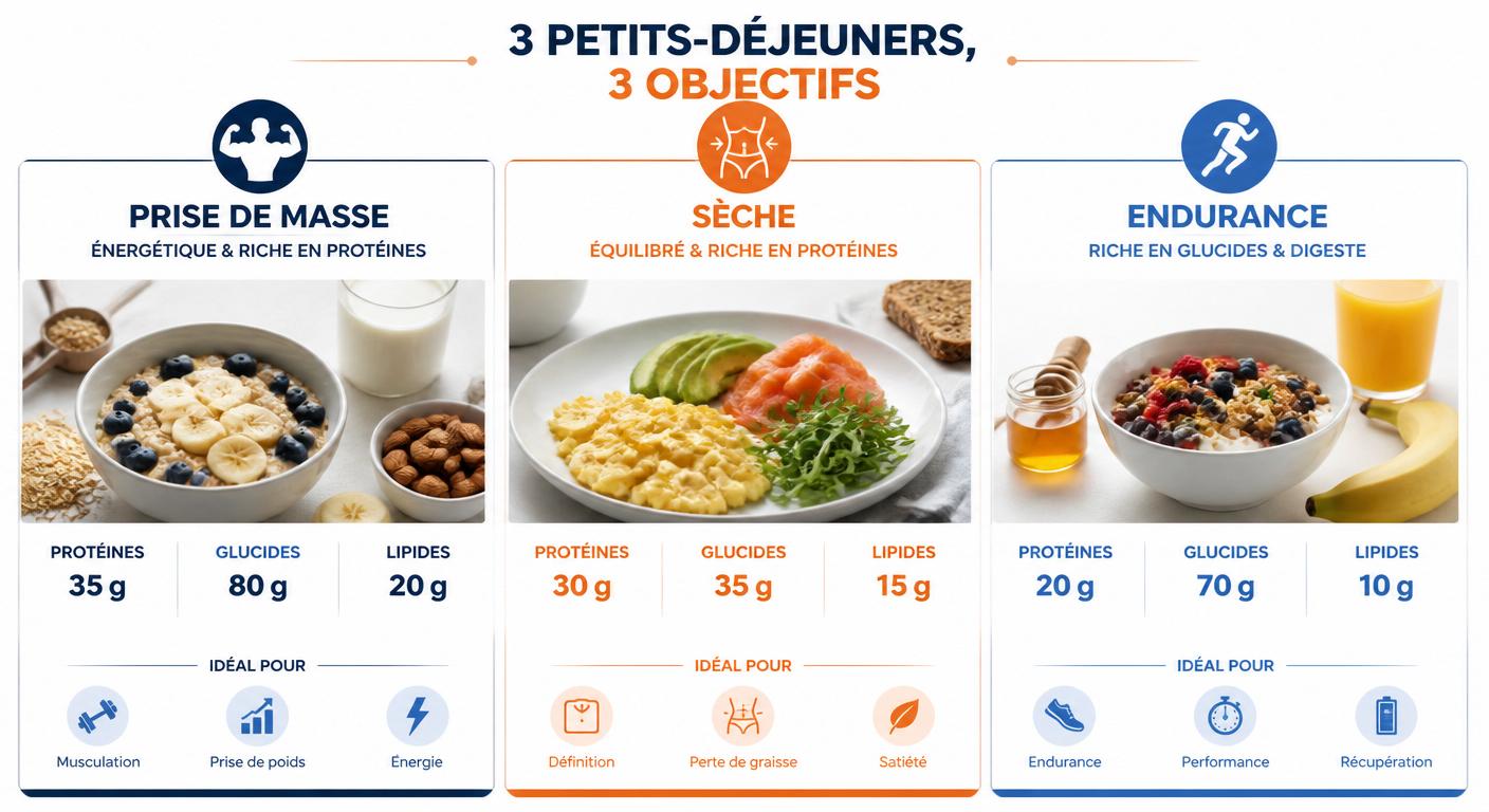 Infographie présentant trois petits-déjeuners protéinés adaptés aux objectifs sportifs