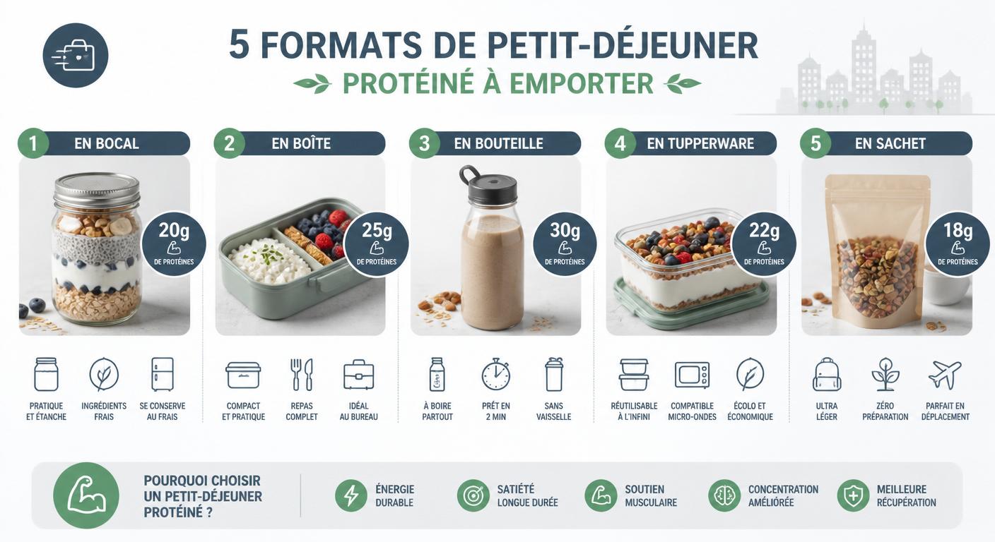 Infographie présentant cinq formats nomades de petit-déjeuner protéiné