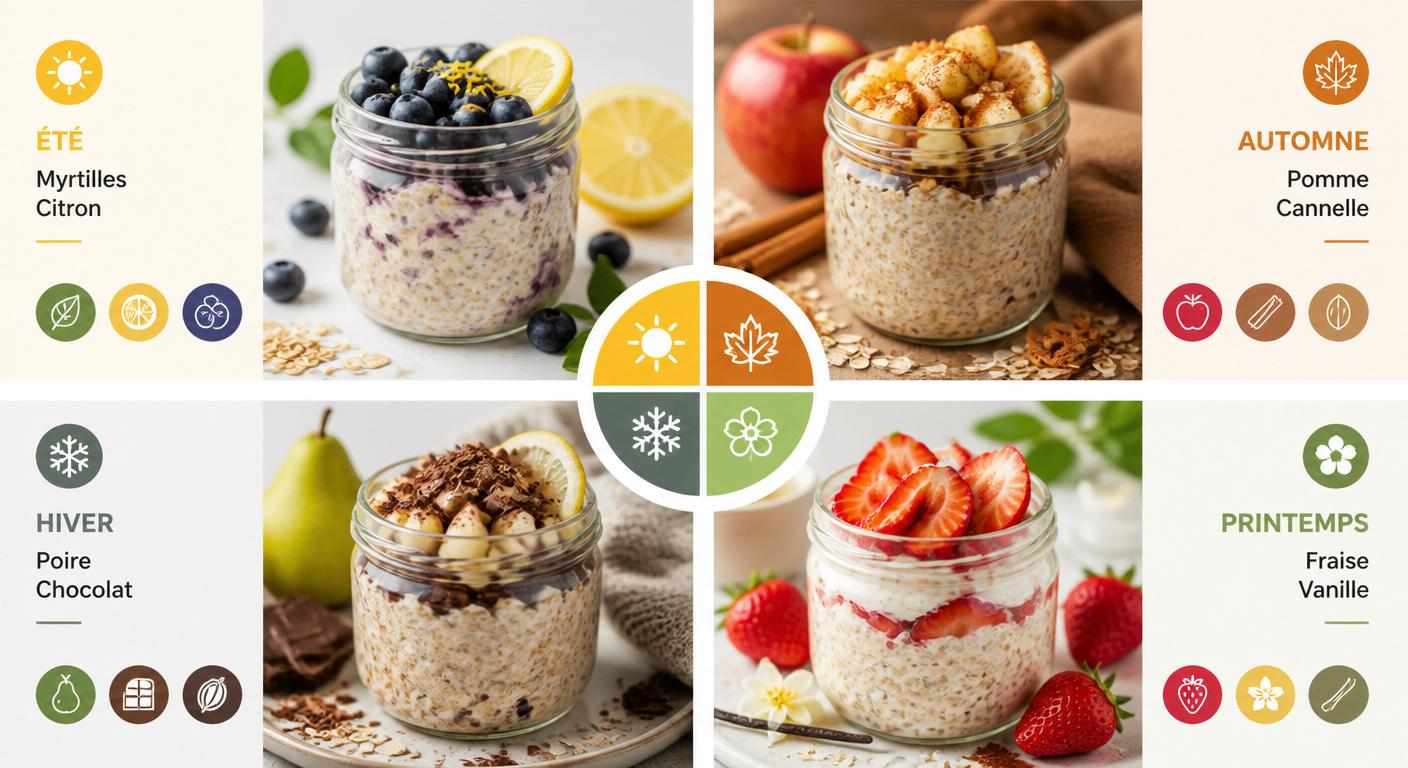 Infographie présentant quatre variantes saisonnières d'overnight oats protéinés en bocal