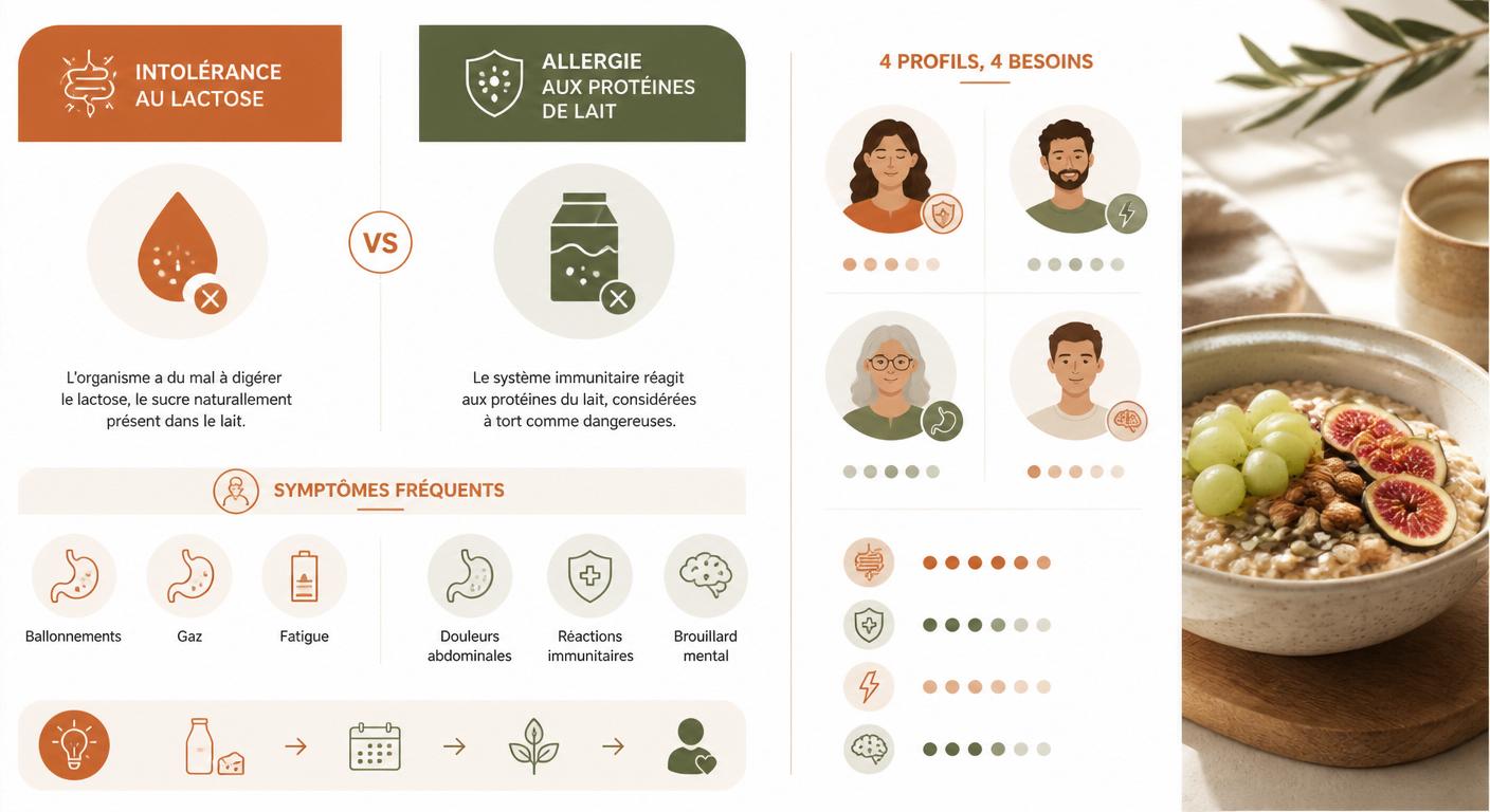 Infographie comparant intolérance au lactose et allergie aux protéines de lait avec signaux digestifs