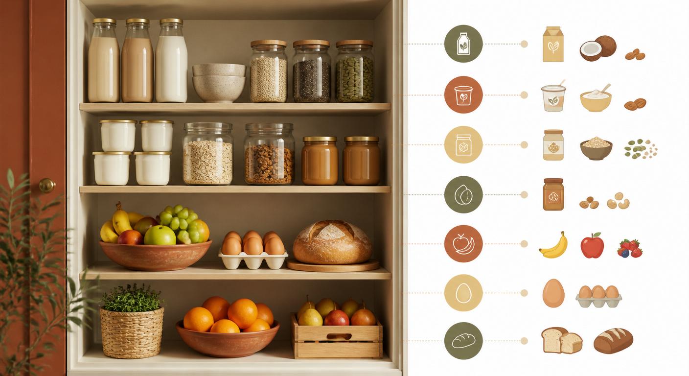 Infographie du placard idéal pour préparer un petit-déjeuner sans lactose