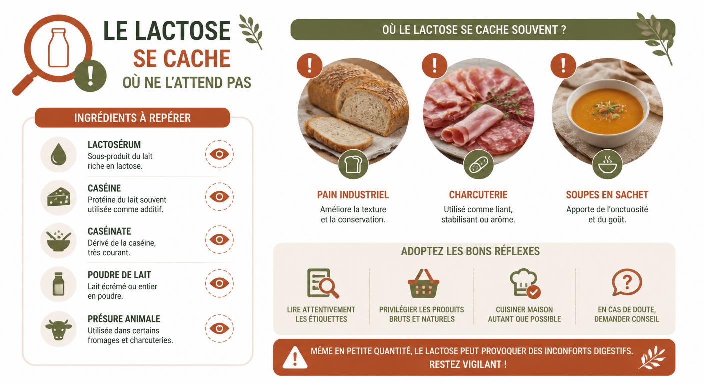 Infographie des ingrédients cachés contenant du lactose à repérer sur les étiquettes alimentaires