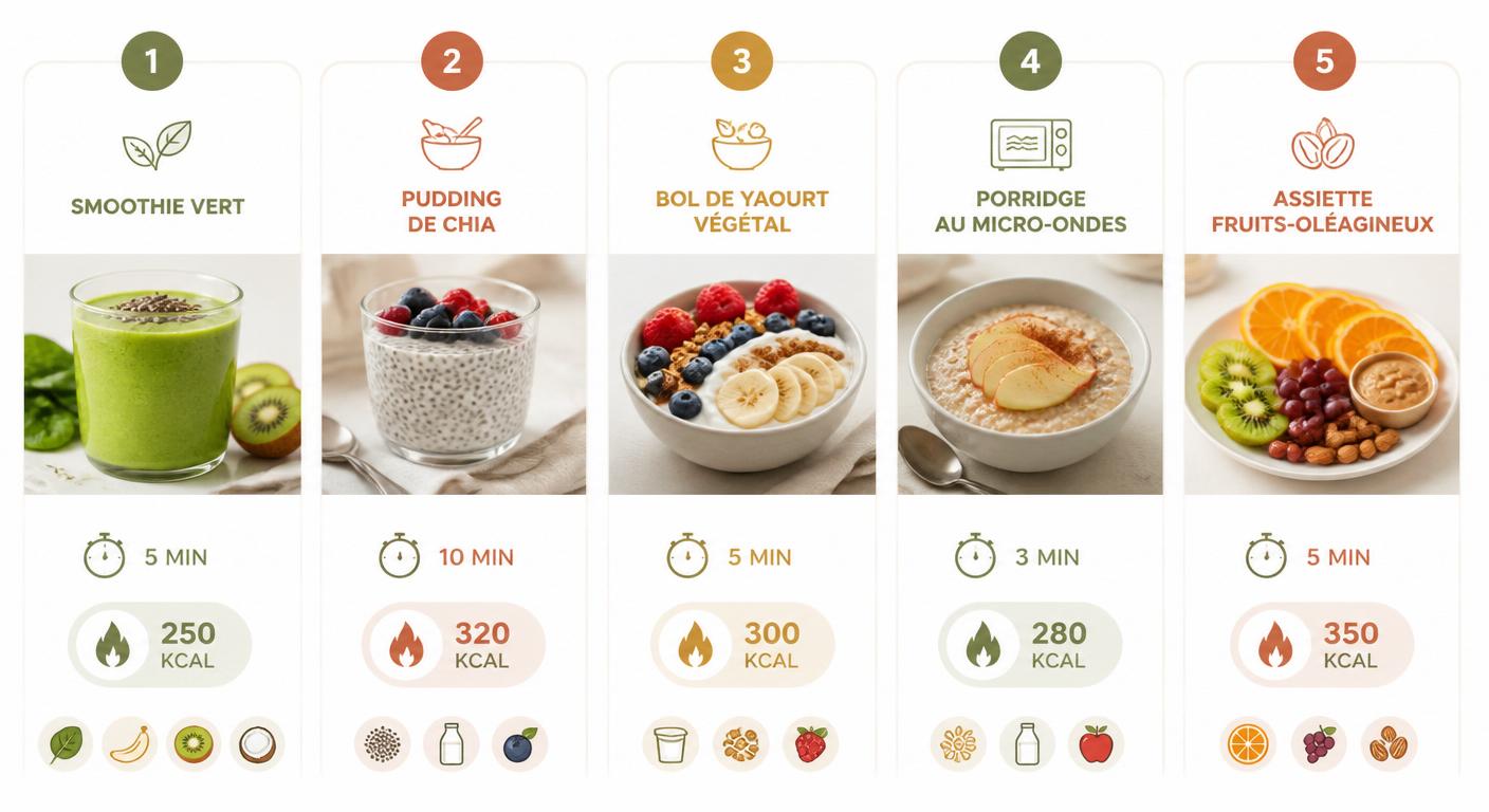 Infographie des 5 recettes express de petit-déjeuner sans lactose en moins de 15 minutes