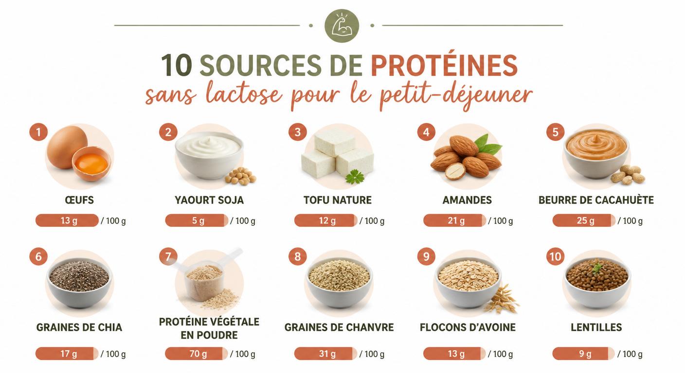 Infographie classant les sources de protéines sans lactose pour le petit-déjeuner