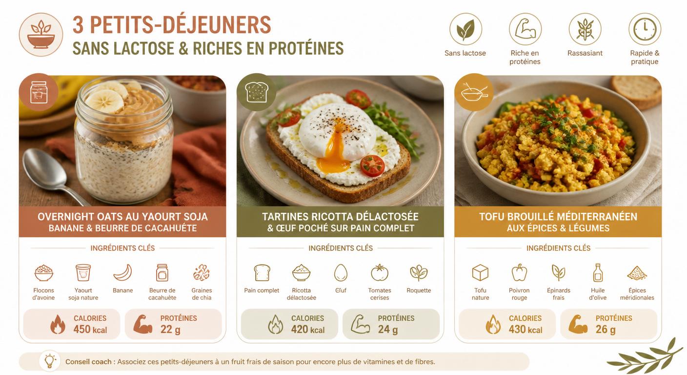 Infographie des 3 recettes protéinées de petit-déjeuner sans lactose avec calories et grammes de protéines