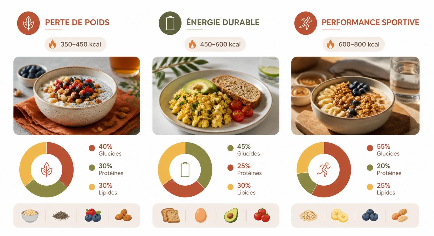 Infographie comparant trois petits-déjeuners sans lactose adaptés à la perte de poids, à l'énergie et à la performance