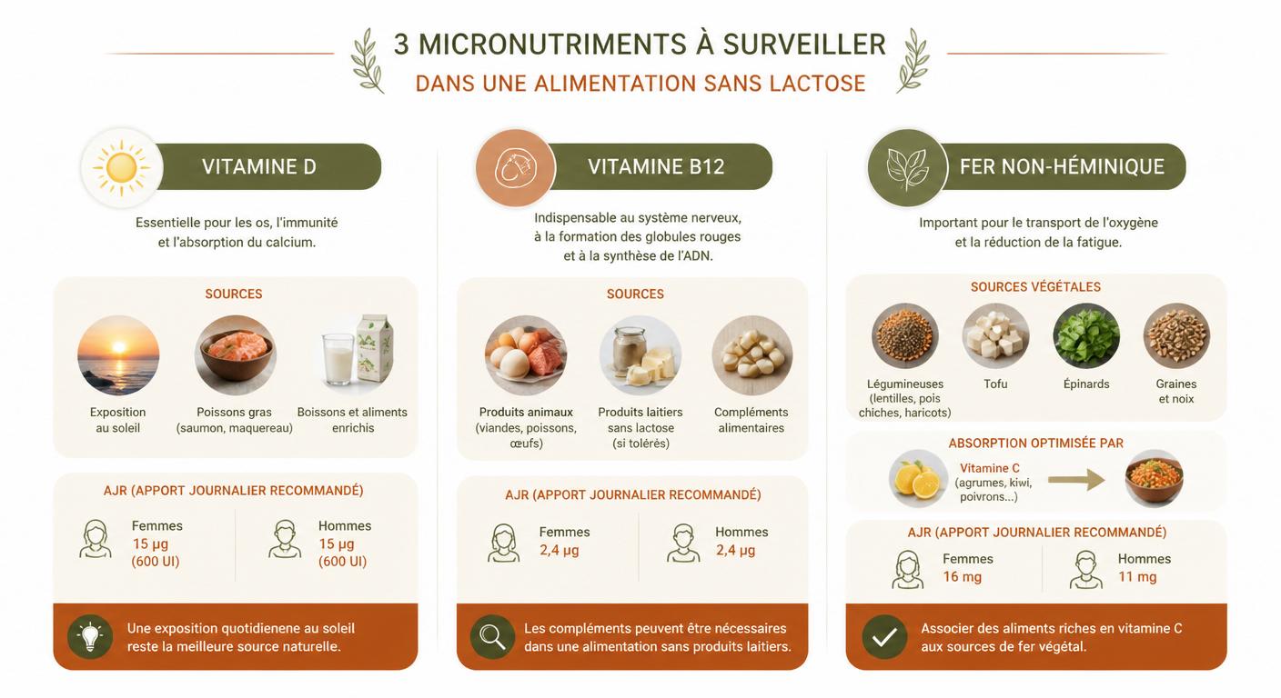 Infographie des sources de vitamines D, B12 et fer dans une alimentation sans produits laitiers