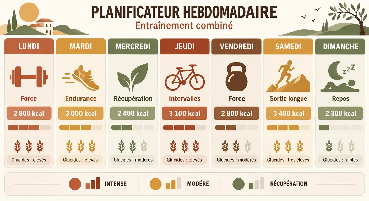 Semaine type d'alimentation pour un entraînement combiné sur sept jours