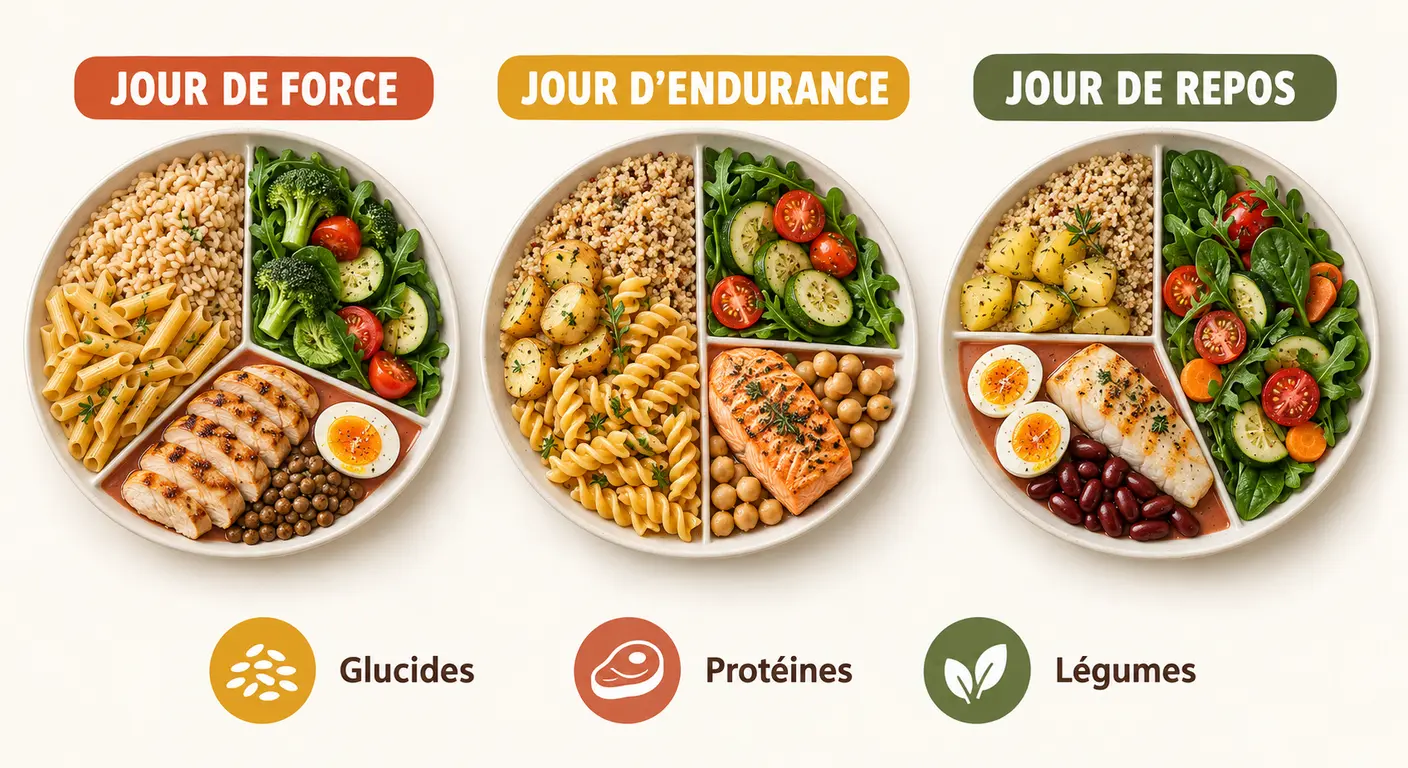 Trois assiettes type selon le profil de la journée d'entraînement