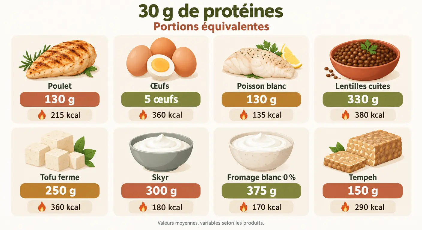 Équivalences de portions apportant 30 g de protéines pour un sportif