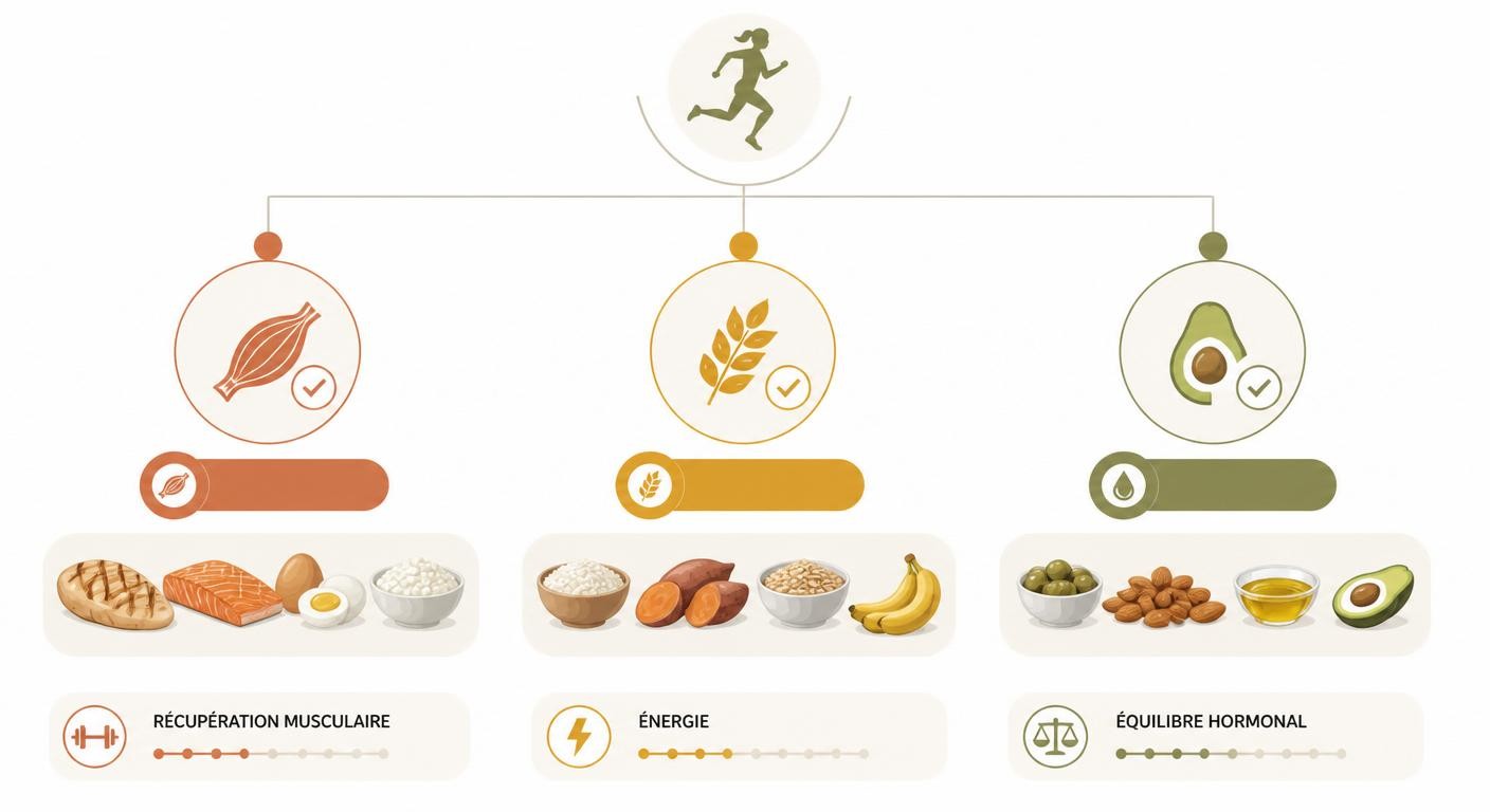 Infographie des trois piliers d'un plan alimentaire sportif hebdomadaire