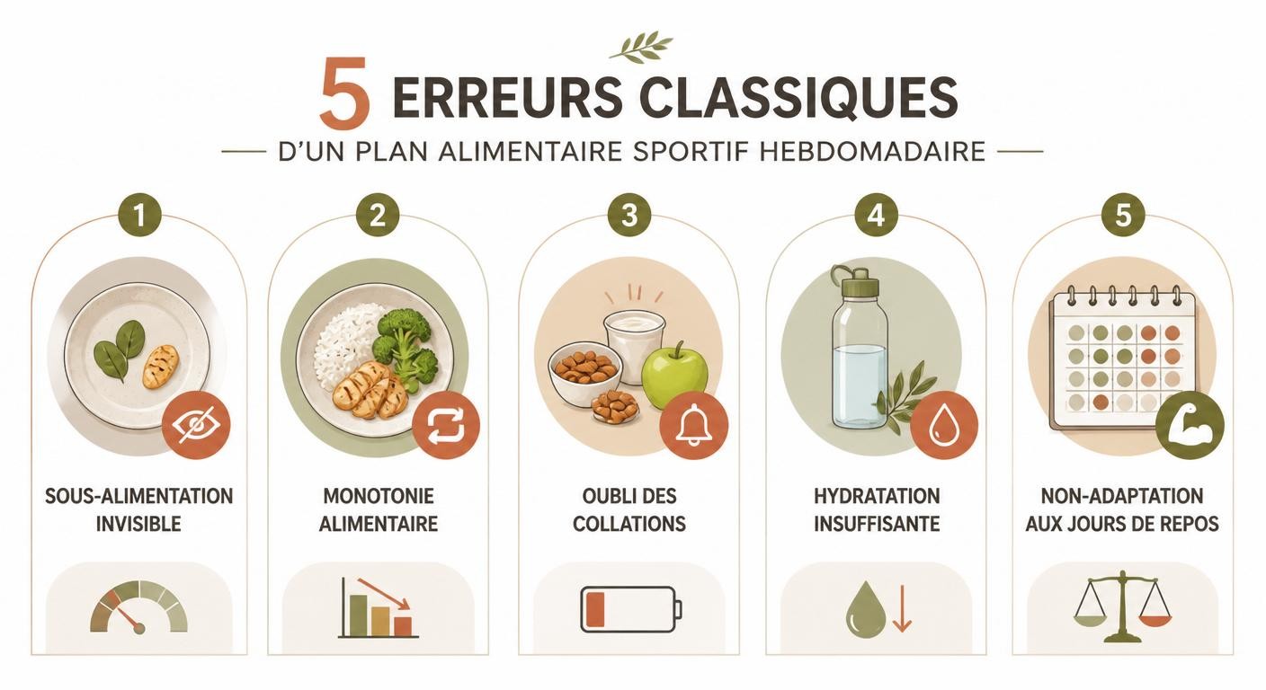 Infographie des 5 erreurs classiques à éviter dans un plan alimentaire sportif sur la semaine