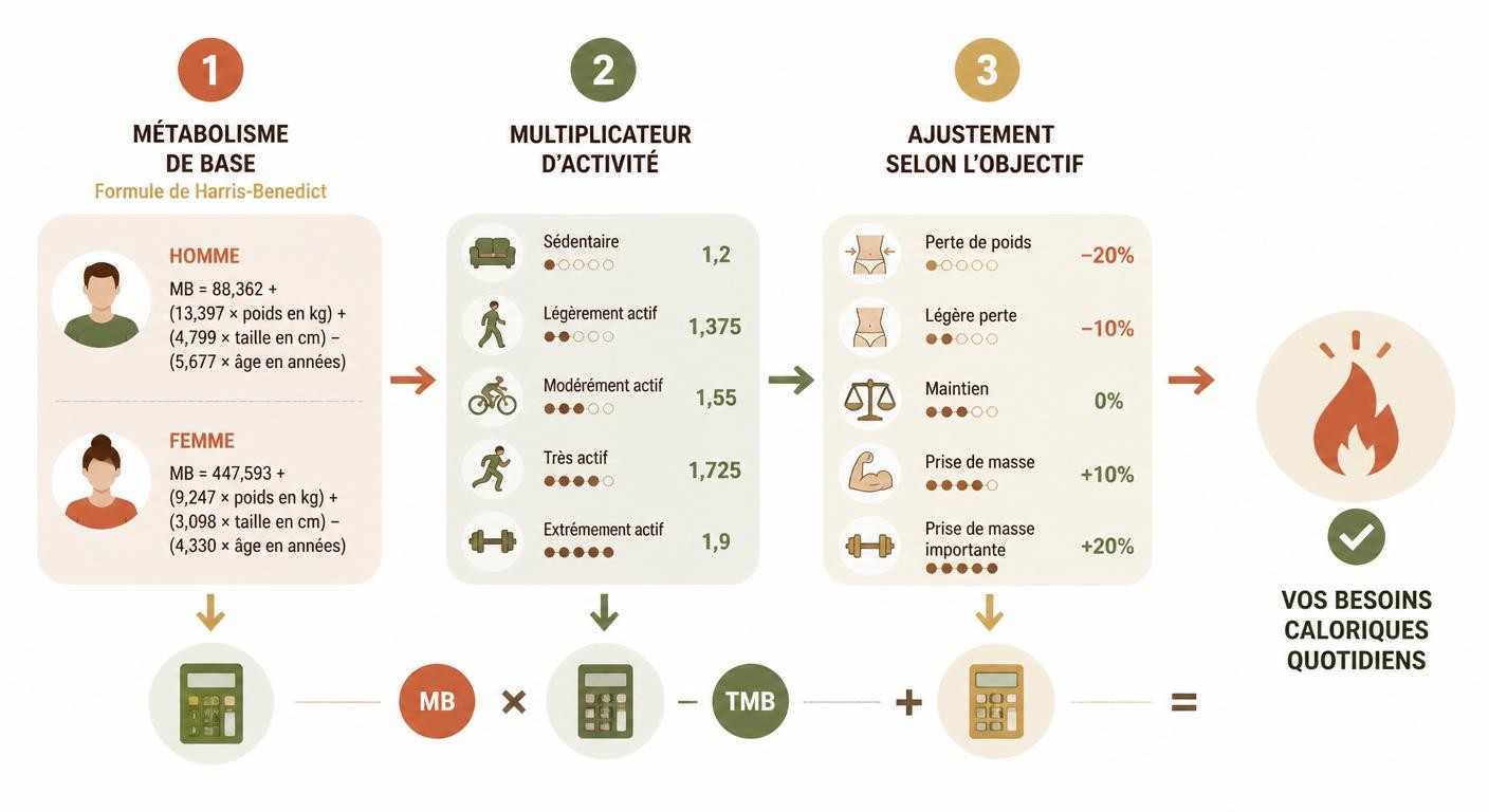 Infographie des 3 étapes pour calculer ses besoins caloriques de sportif