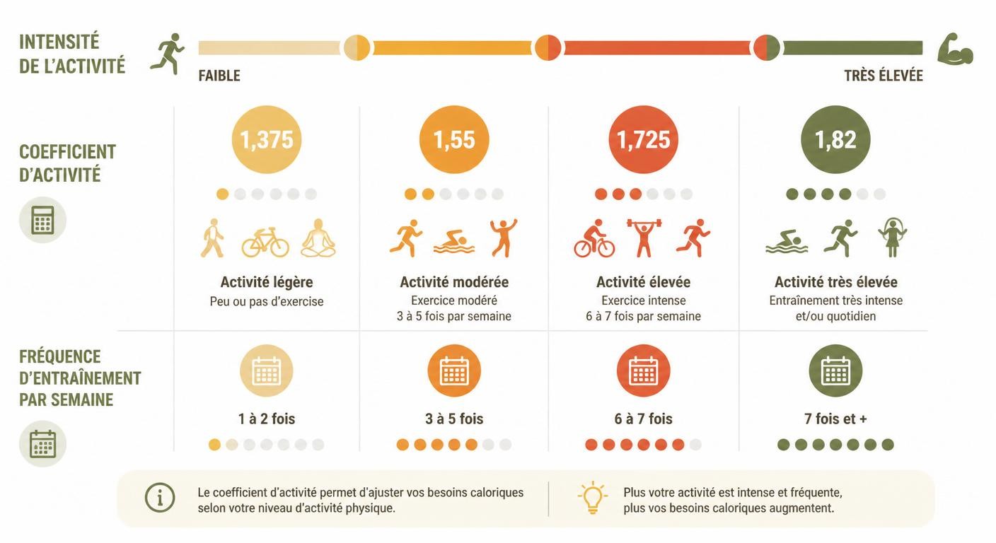 Infographie des 4 coefficients d'activité pour calculer ses besoins caloriques de sportif
