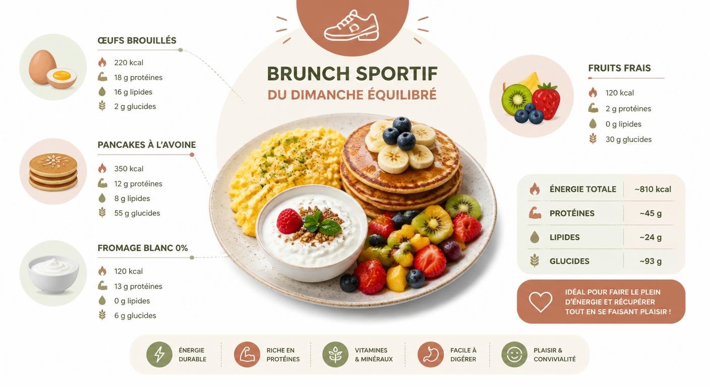 Infographie de la composition d'un brunch sportif équilibré pour le dimanche de récupération