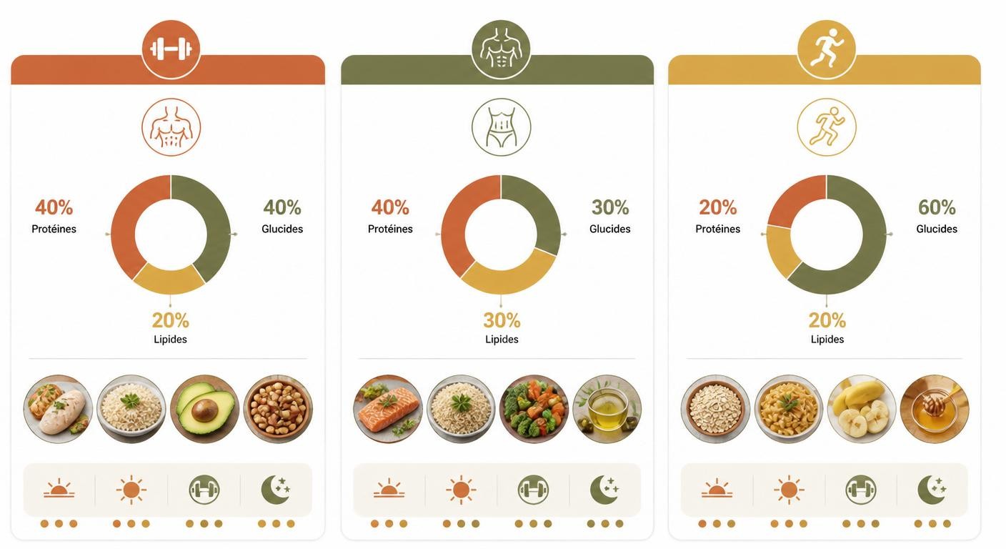 Infographie comparant trois variantes du plan alimentaire sportif sur une semaine