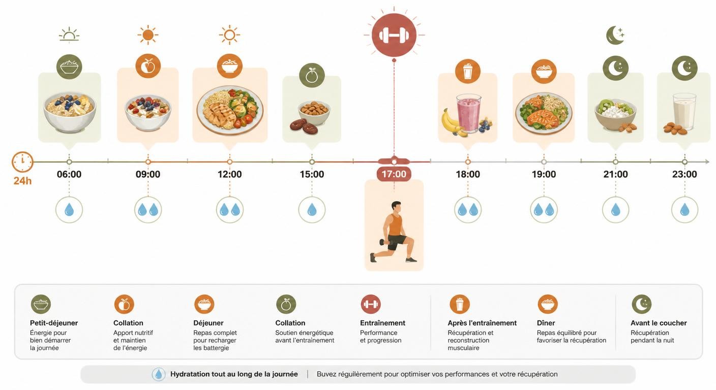 Infographie du timing optimal des repas et collations sur 24 heures pour un sportif