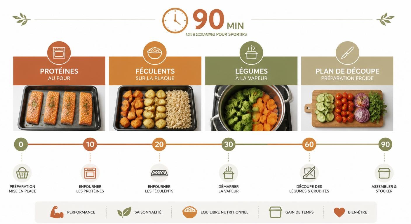 Infographie du batch cooking sportif en 90 minutes pour préparer 7 jours