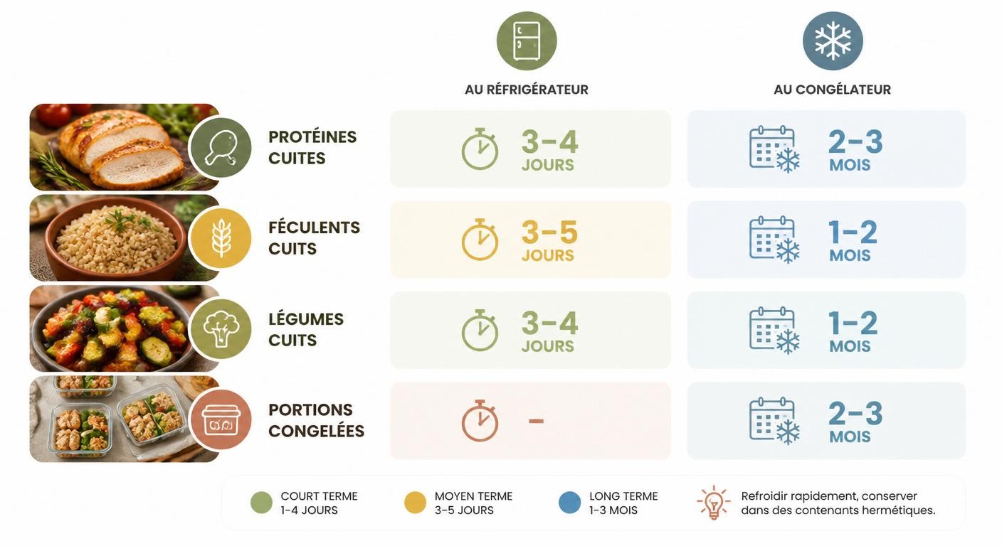 Infographie des durées de conservation des aliments de batch cooking sportif au réfrigérateur et au congélateur