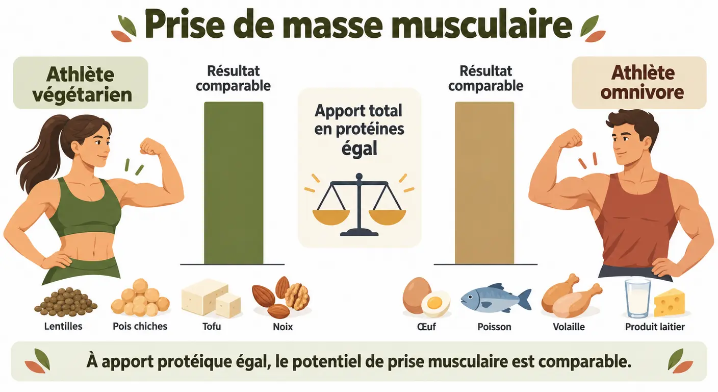 Infographie comparant les gains musculaires d'un sportif végétarien et d'un sportif omnivore à apport protéique égal