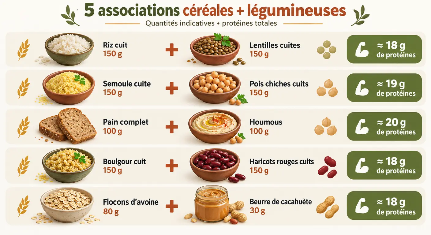 Infographie de cinq associations concrètes entre céréales et légumineuses avec quantités et apport protéique