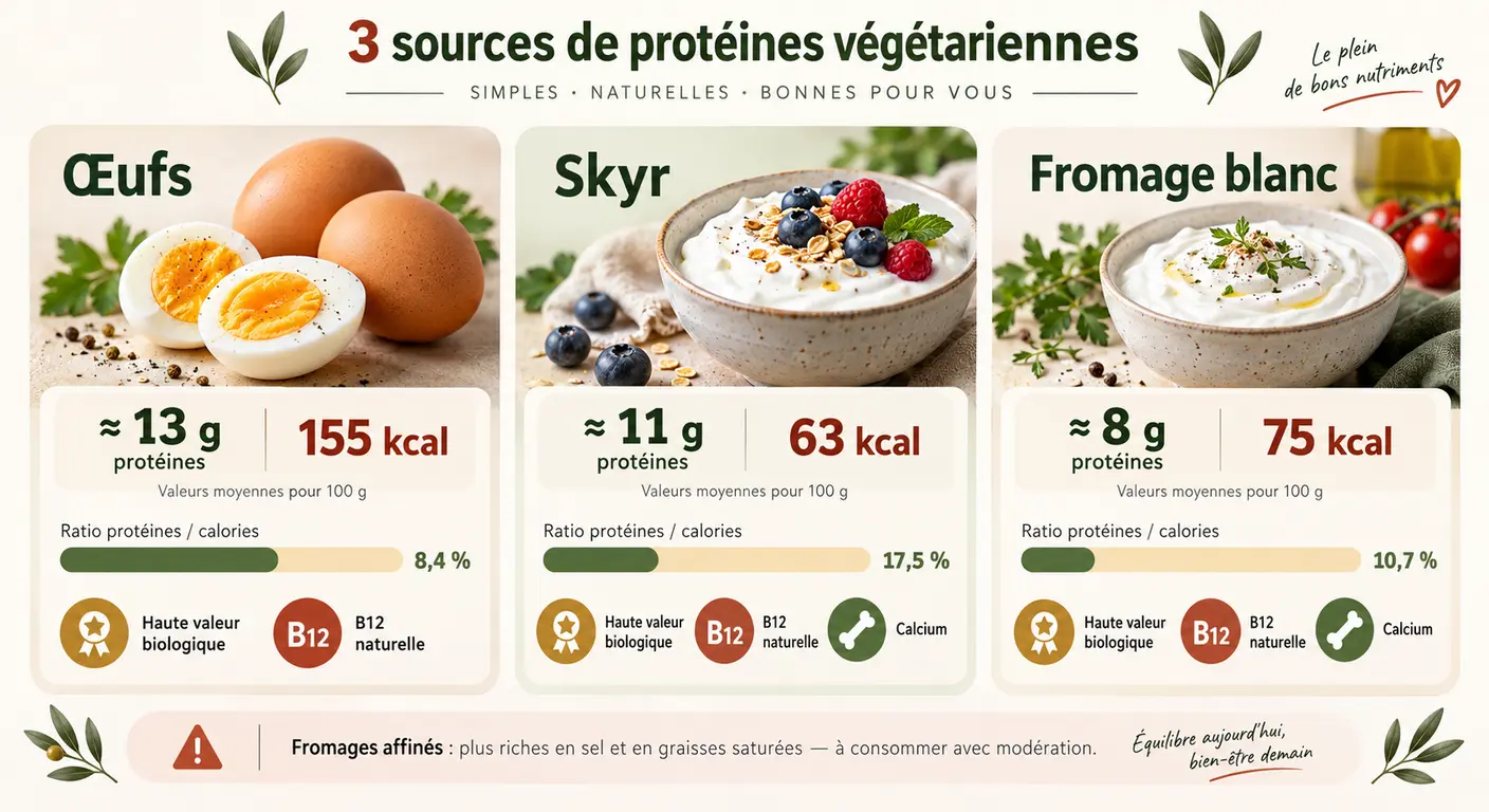 Infographie présentant œufs, skyr et fromage blanc avec leur rapport protéines sur calories et leur apport en B12 et calcium