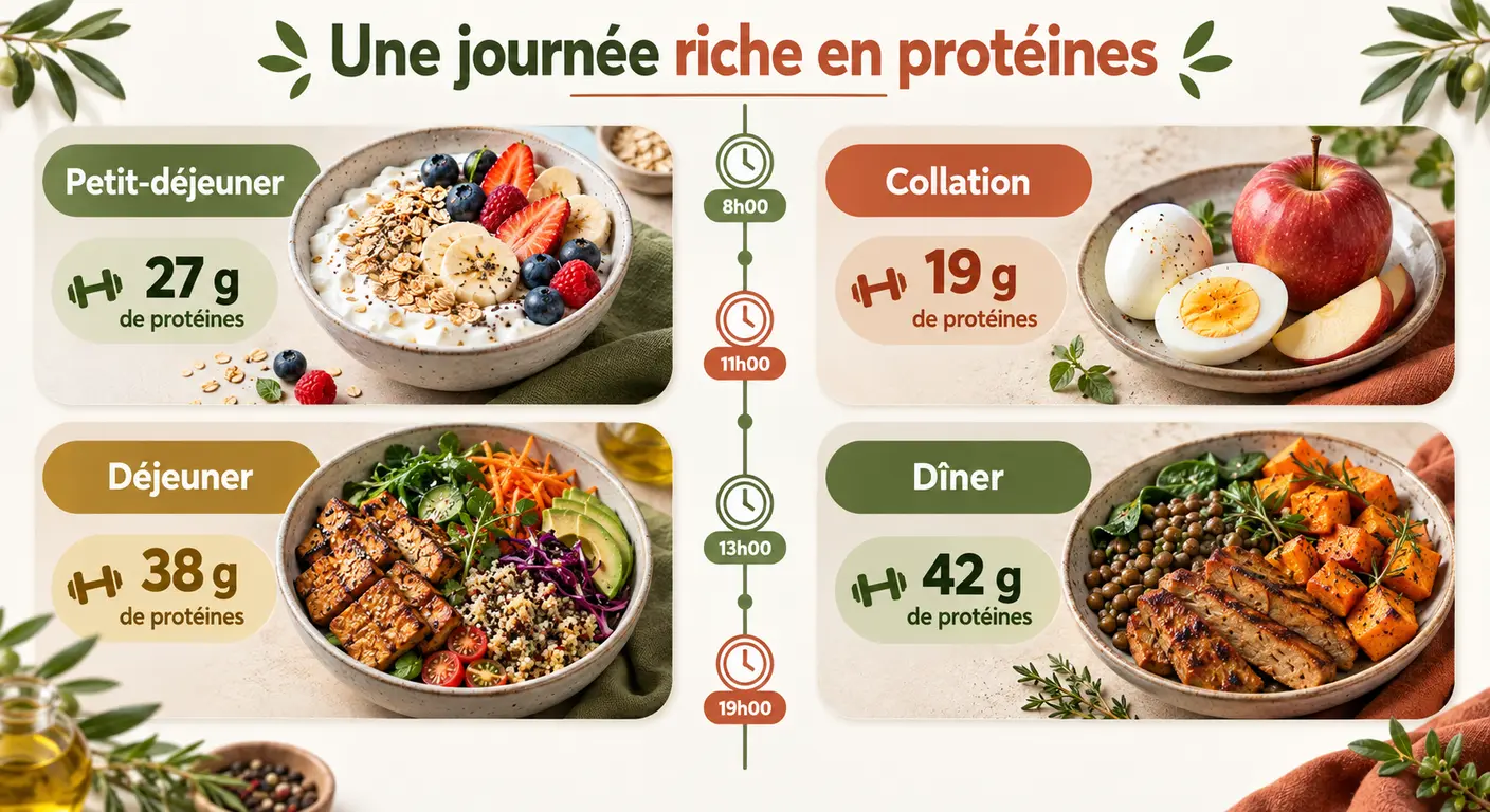 Infographie d'une journée type végétarienne à 150 grammes de protéines répartie sur quatre repas