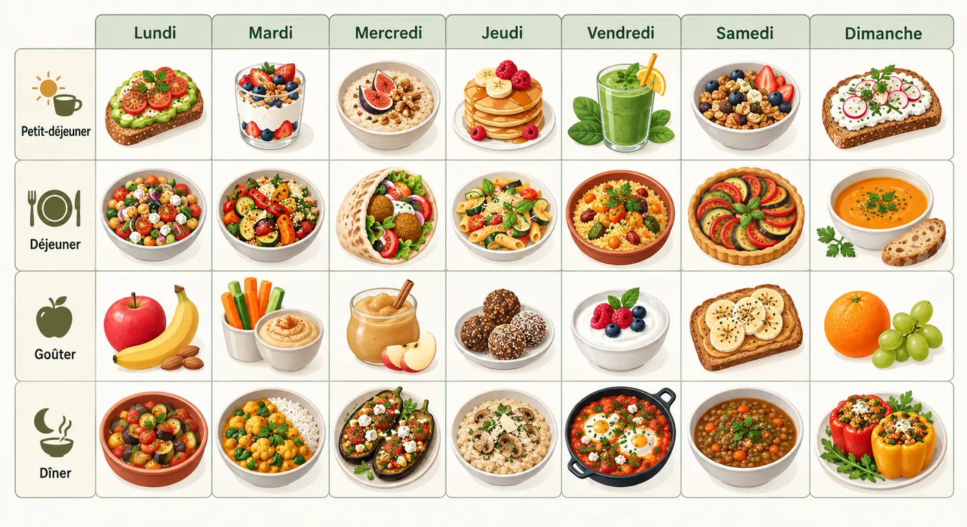 Infographie de la semaine type de repas végétariens pour la musculation, sept jours et quatre prises par jour