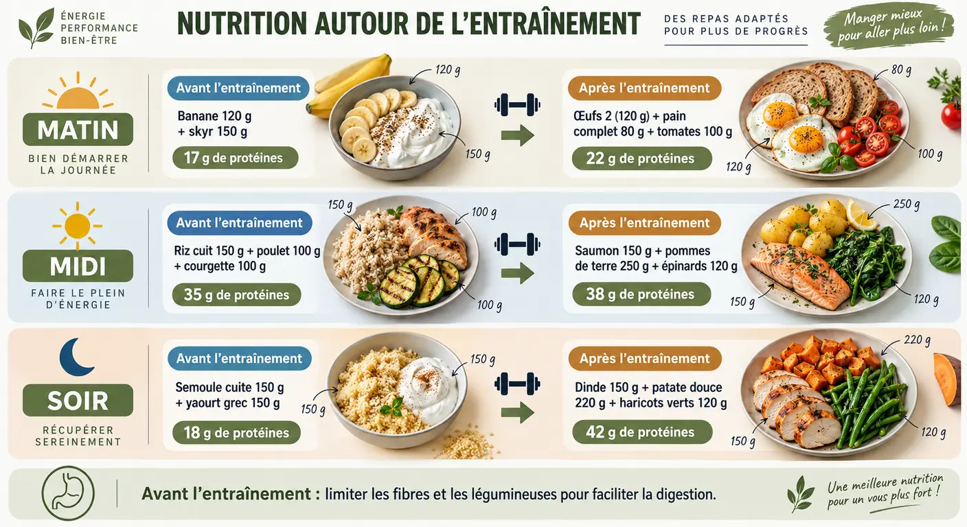 Infographie des repas avant et après l'entraînement pour trois créneaux d'entraînement chez le sportif végétarien