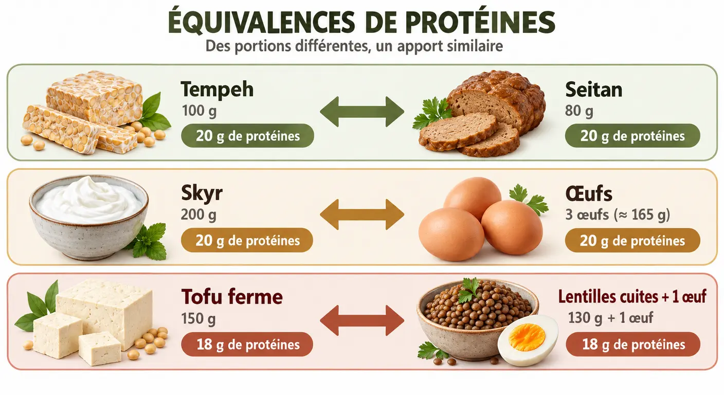 Infographie des équivalences de substitution entre aliments végétariens à densité protéique équivalente
