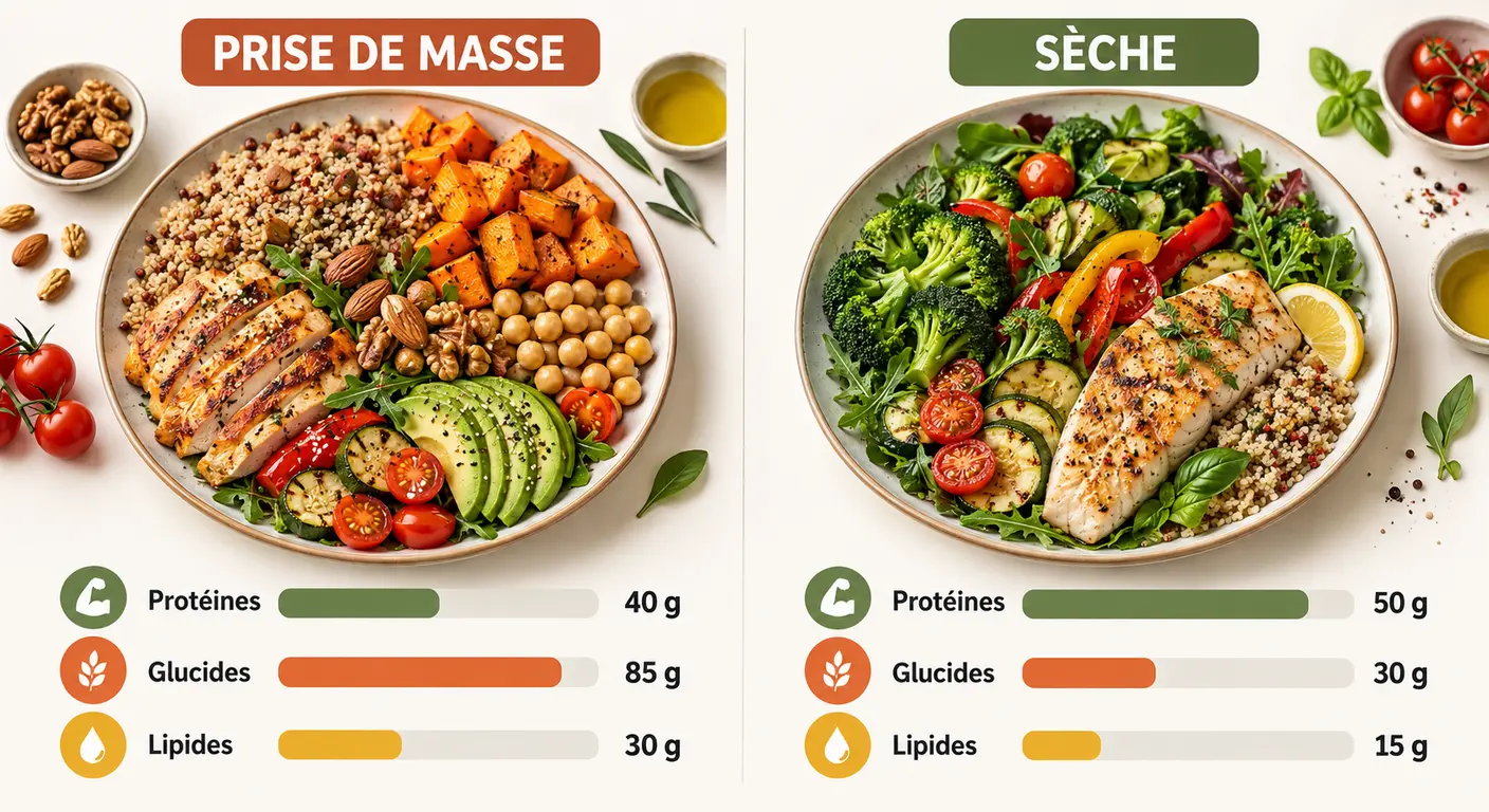 Infographie comparant la composition de l'assiette végétarienne sportive en prise de masse et en sèche